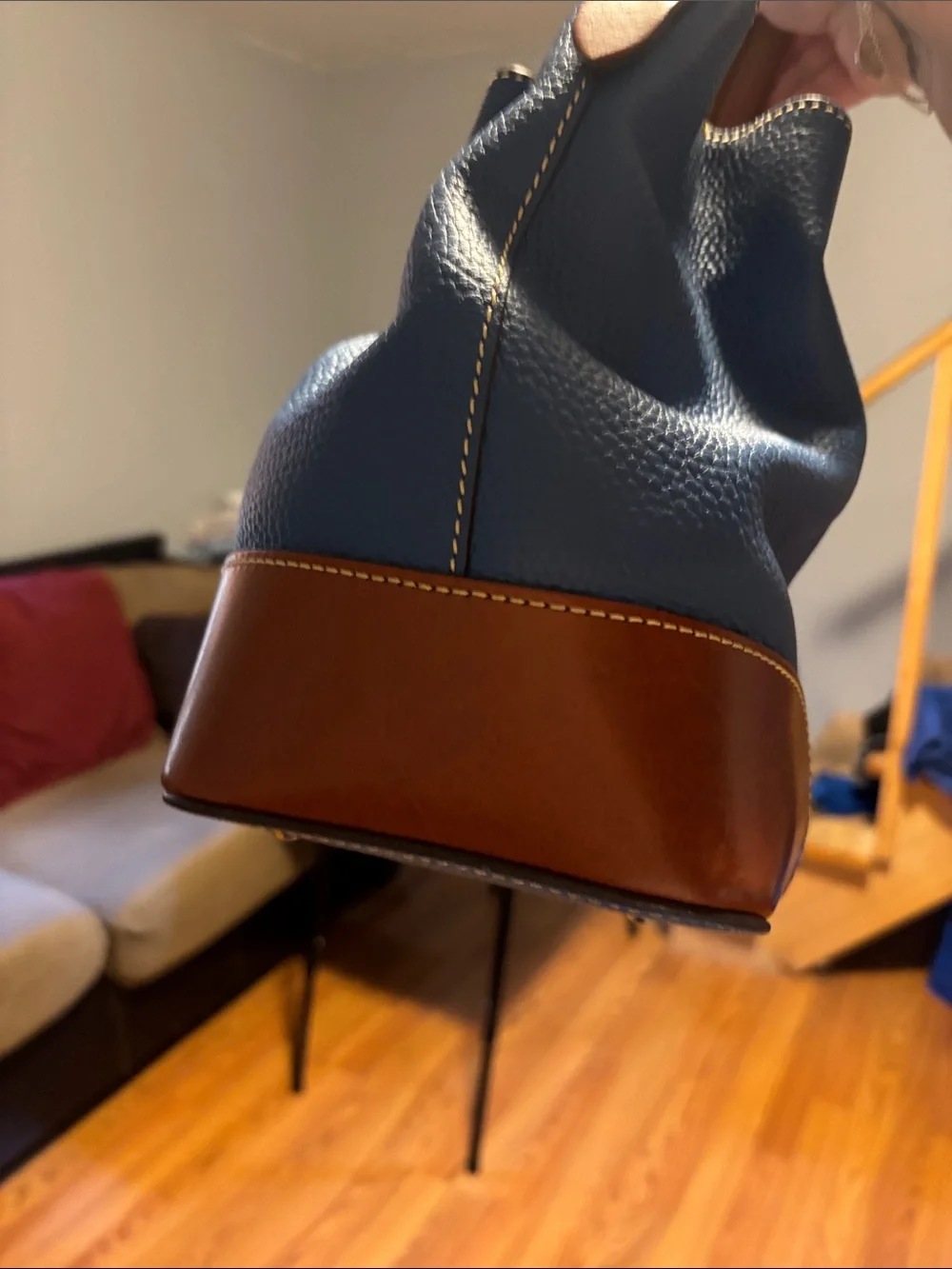 Dooney & Bourke Blue Pebbled Leather Satchel with Brown Trim and Wristlet
